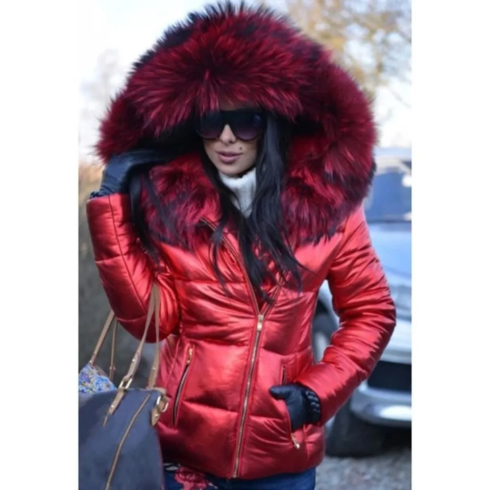 Side Zip Faux Fur Hooded Shiny Quilted Coat