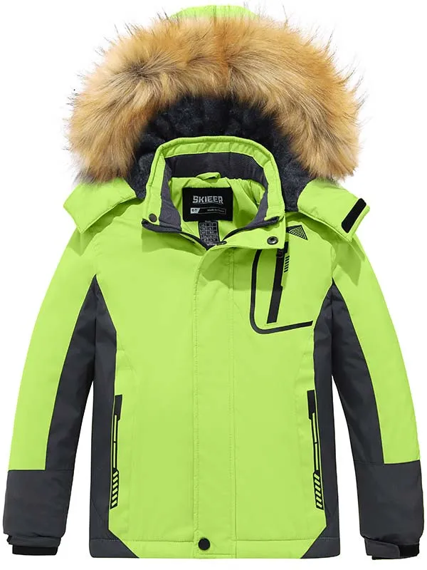 Skieer Boy's Ski Jacket Waterproof Warm Fleece Winter Snow Jacket Hooded Raincoat