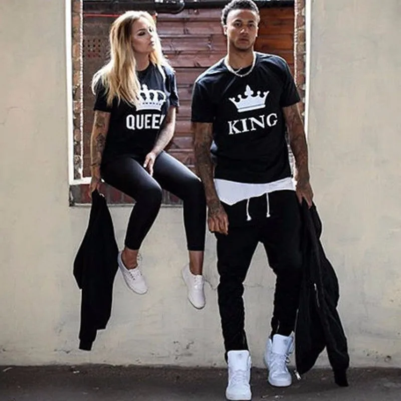 VenusFox KING QUEEN Letter Printed Black Tshirts