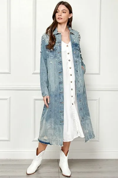 Veveret Full Size Distressed Raw Hem Pearl Detail Button Up Jacket