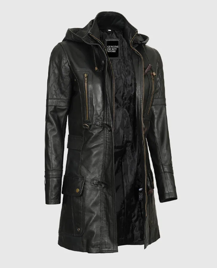 Women's Black Slim Fit Hooded Leather Coat