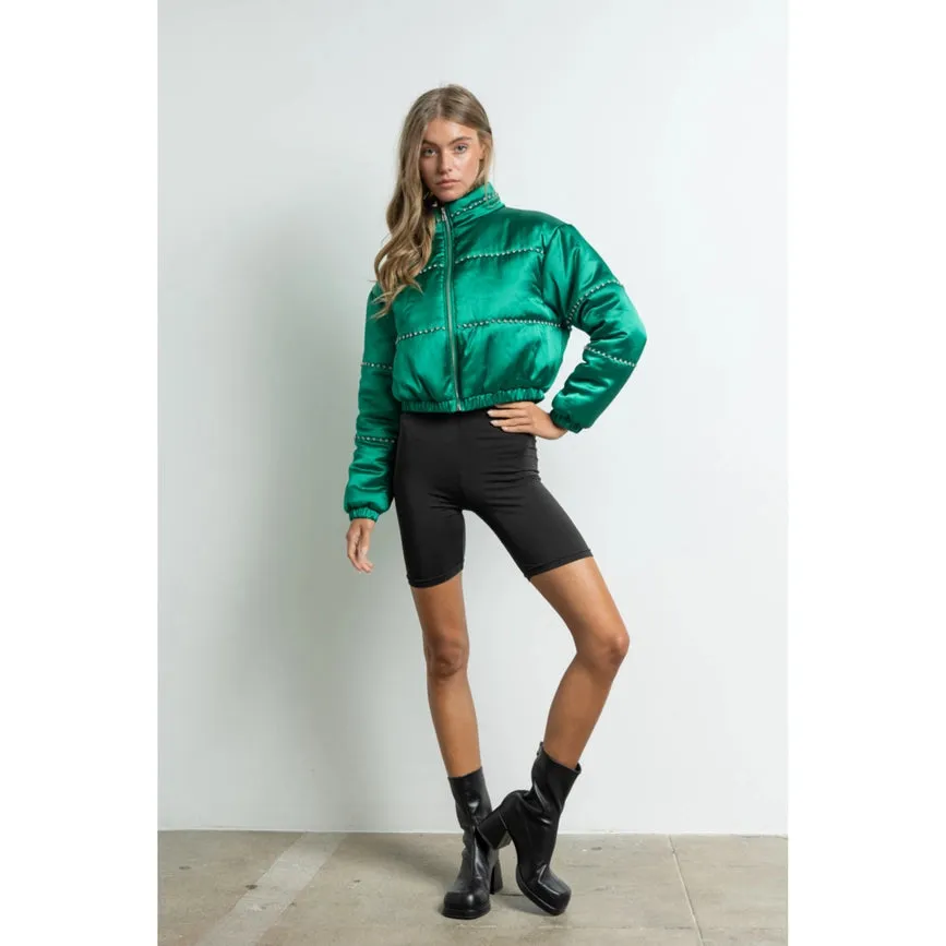 Women's Clothing Long Sleeve Satin Cropped Bomber Jacket Green