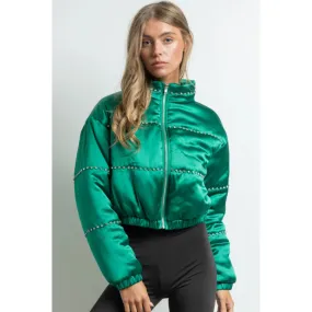 Women's Clothing Long Sleeve Satin Cropped Bomber Jacket Green