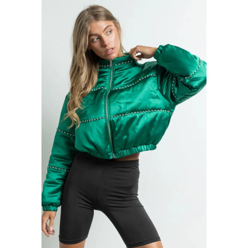 Women's Clothing Long Sleeve Satin Cropped Bomber Jacket Green