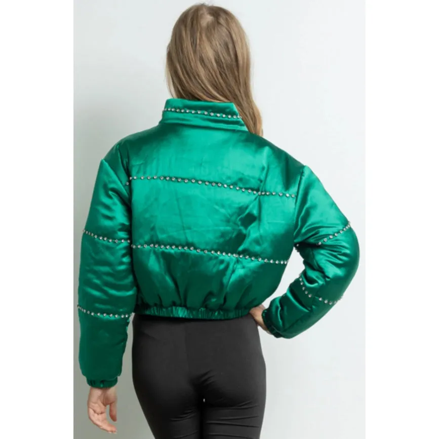 Women's Clothing Long Sleeve Satin Cropped Bomber Jacket Green