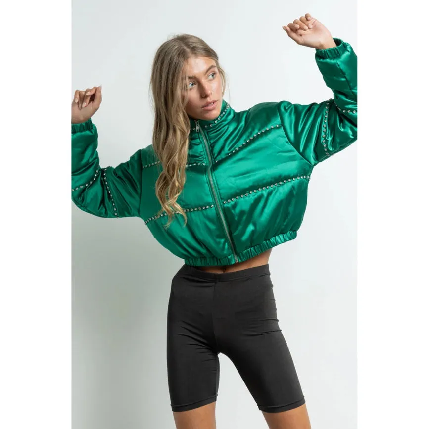 Women's Clothing Long Sleeve Satin Cropped Bomber Jacket Green