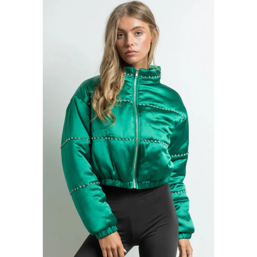 Women's Clothing Long Sleeve Satin Cropped Bomber Jacket Green