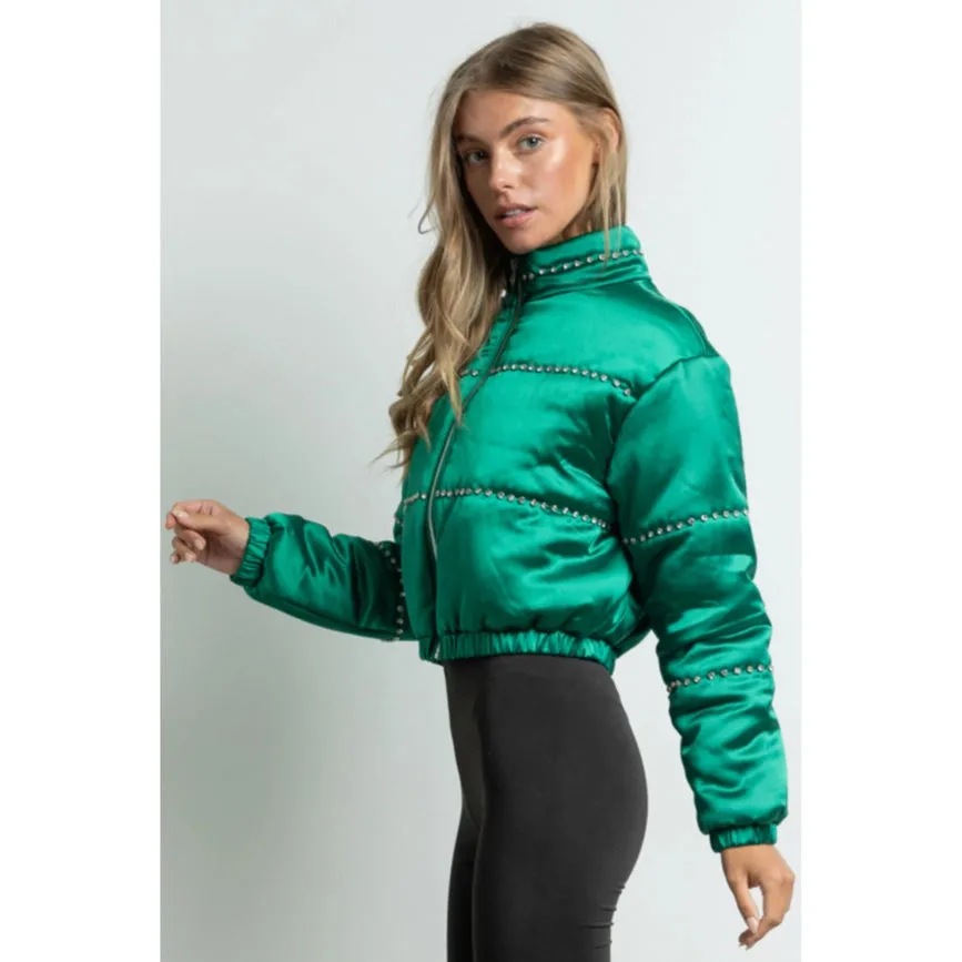 Women's Clothing Long Sleeve Satin Cropped Bomber Jacket Green