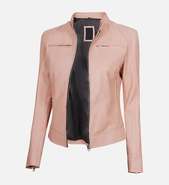 Women's Light Pink Cafe Racer Leather Jacket