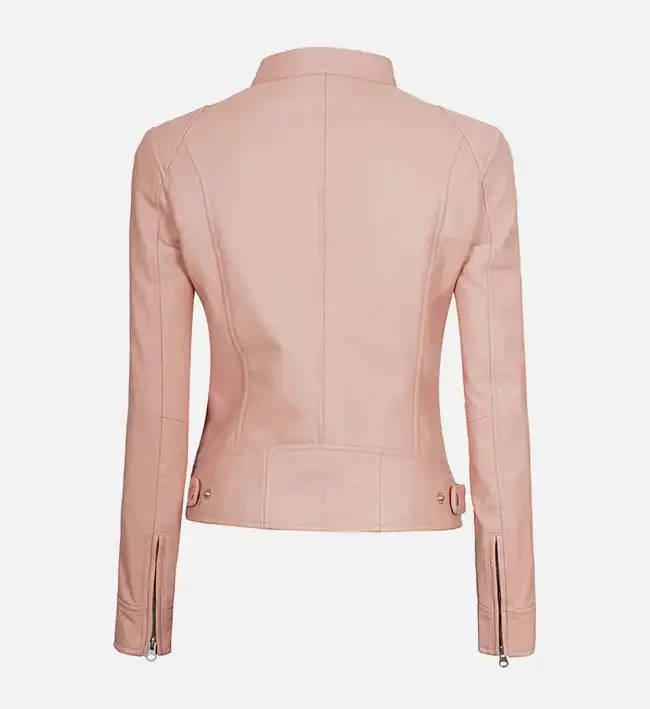 Women's Light Pink Cafe Racer Leather Jacket