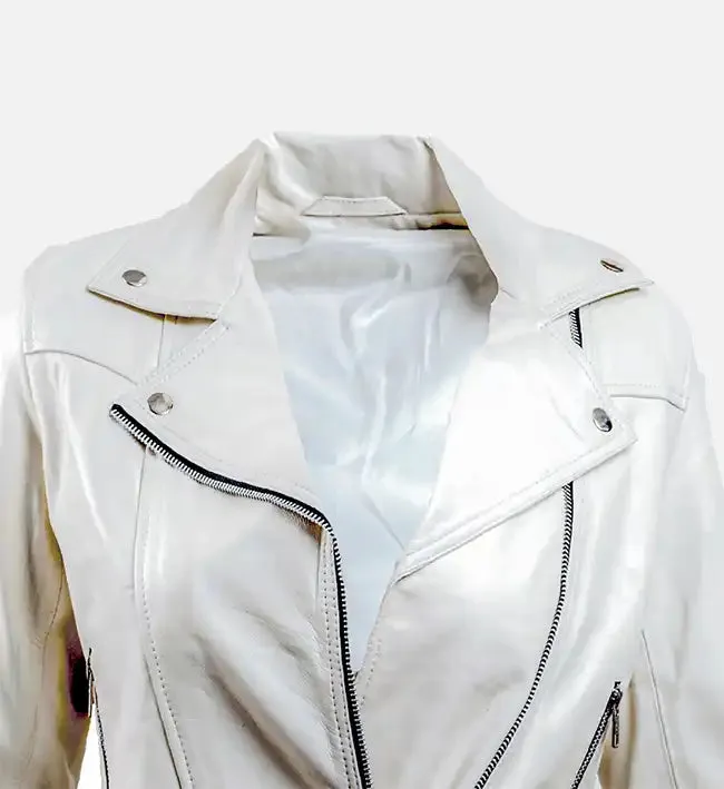 Women’s White Leather Biker Jacket