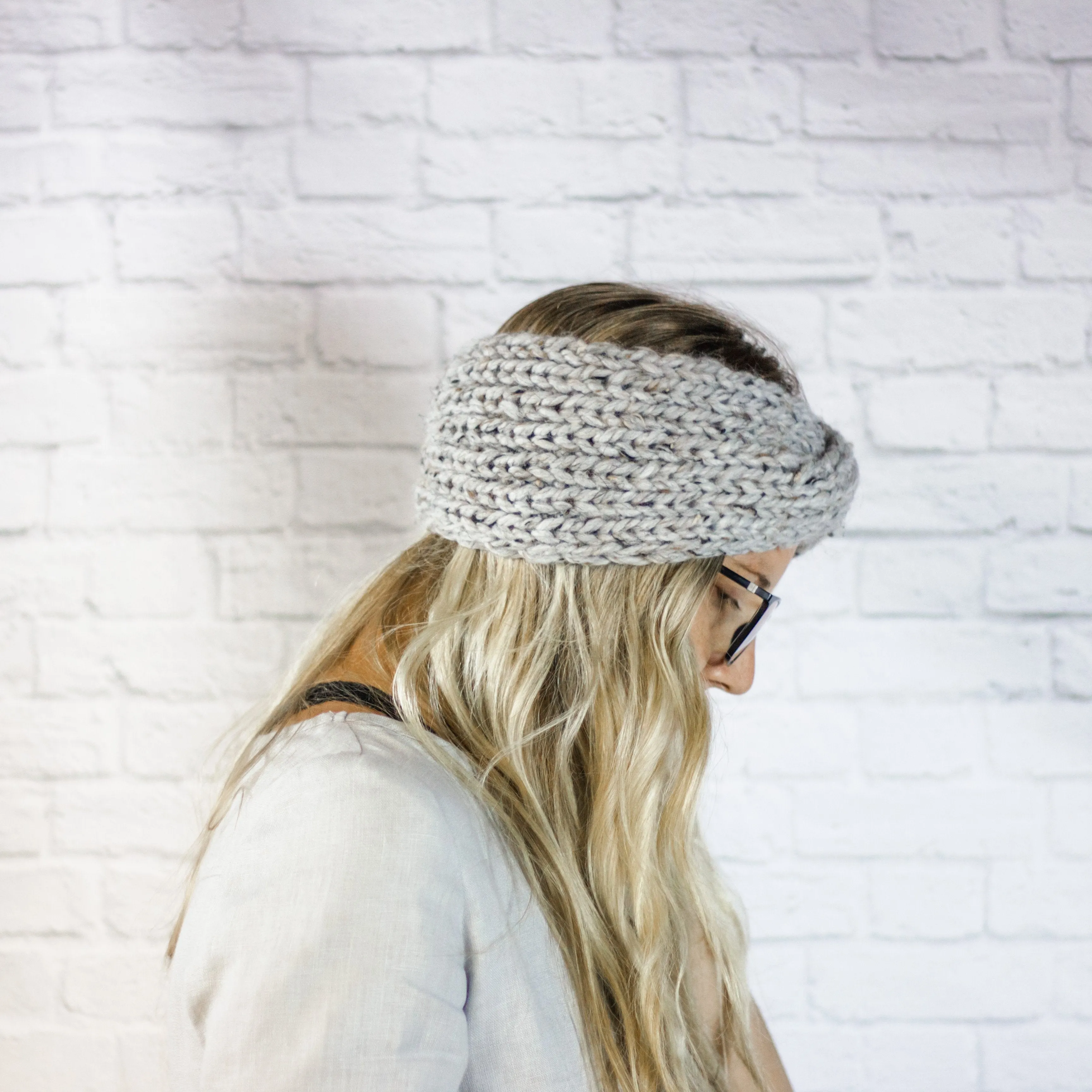 Womens Wide Winter Ear Warmer Twisted Turban Headband in Grey Marble