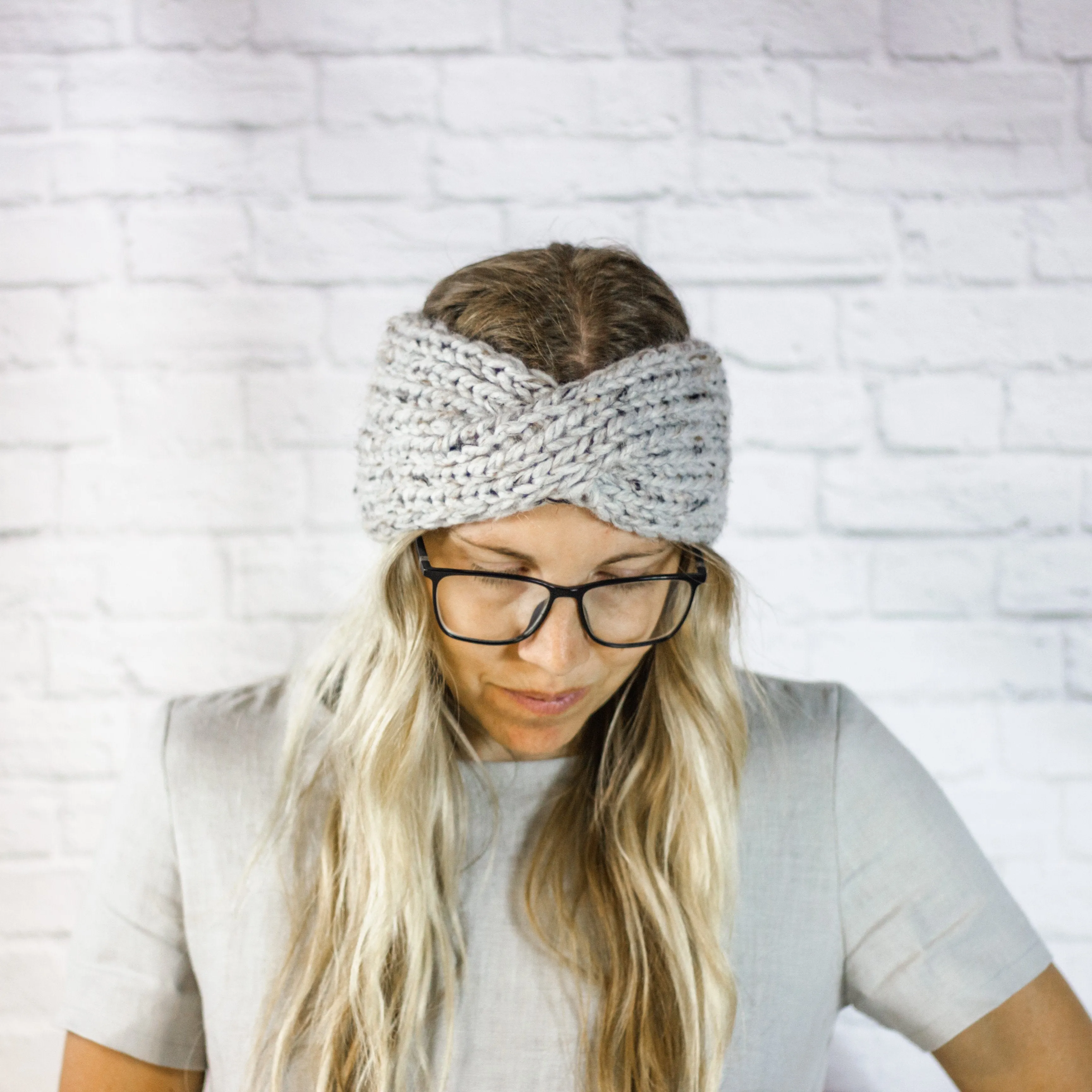 Womens Wide Winter Ear Warmer Twisted Turban Headband in Grey Marble