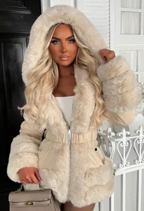 Wrapped In Romance Stone Faux Fur Trim Belted Puffer Coat