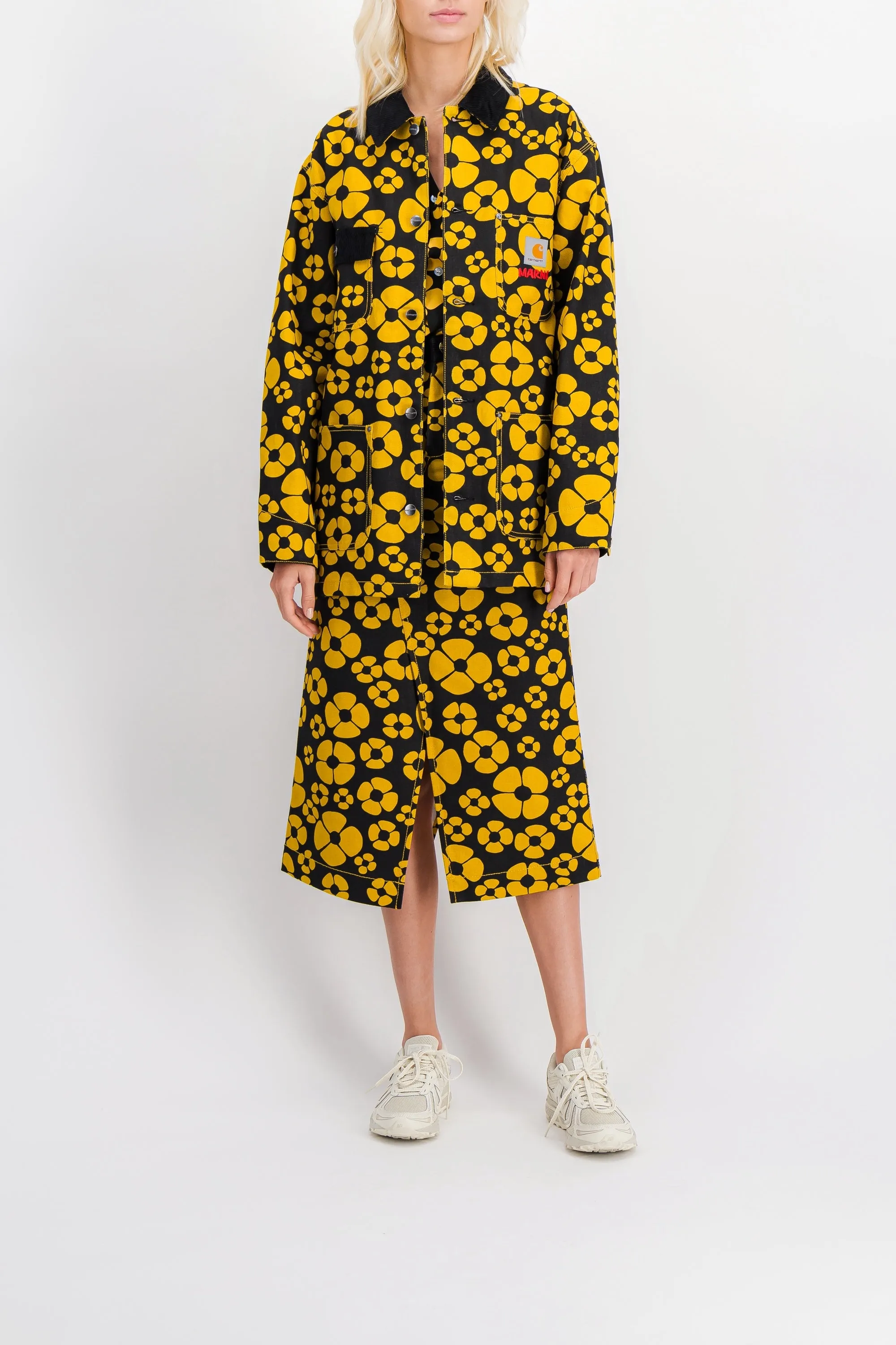 Yellow-black flower printed boyfriend shirt with front pocket