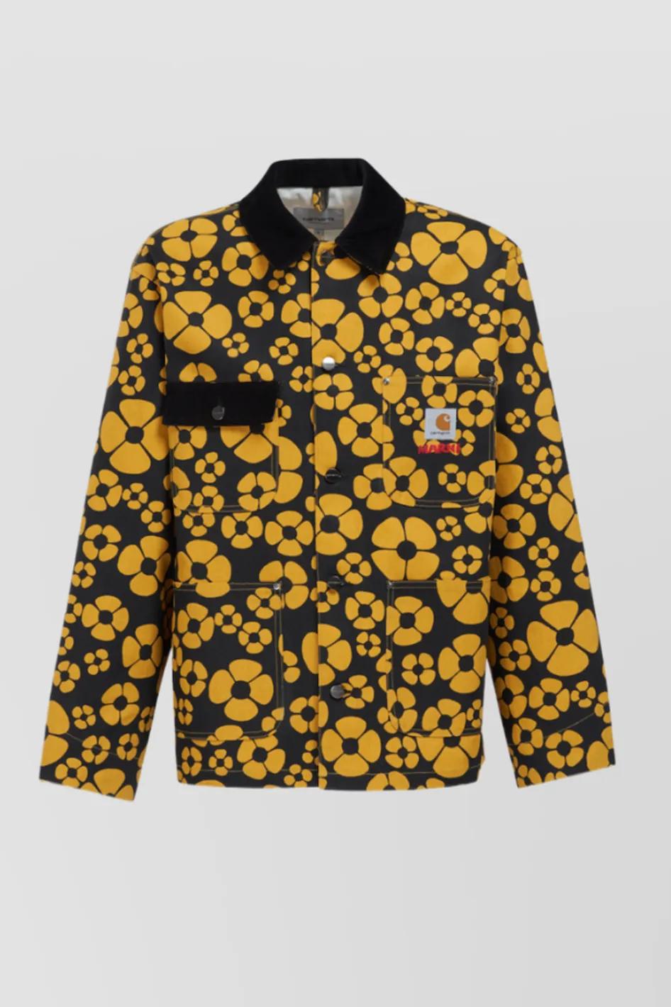 Yellow-black flower printed boyfriend shirt with front pocket