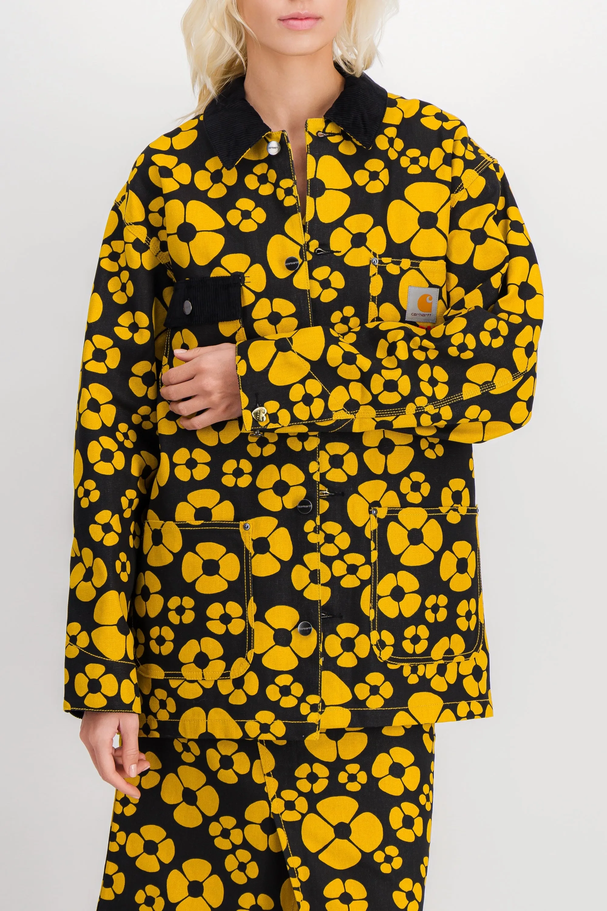 Yellow-black flower printed boyfriend shirt with front pocket