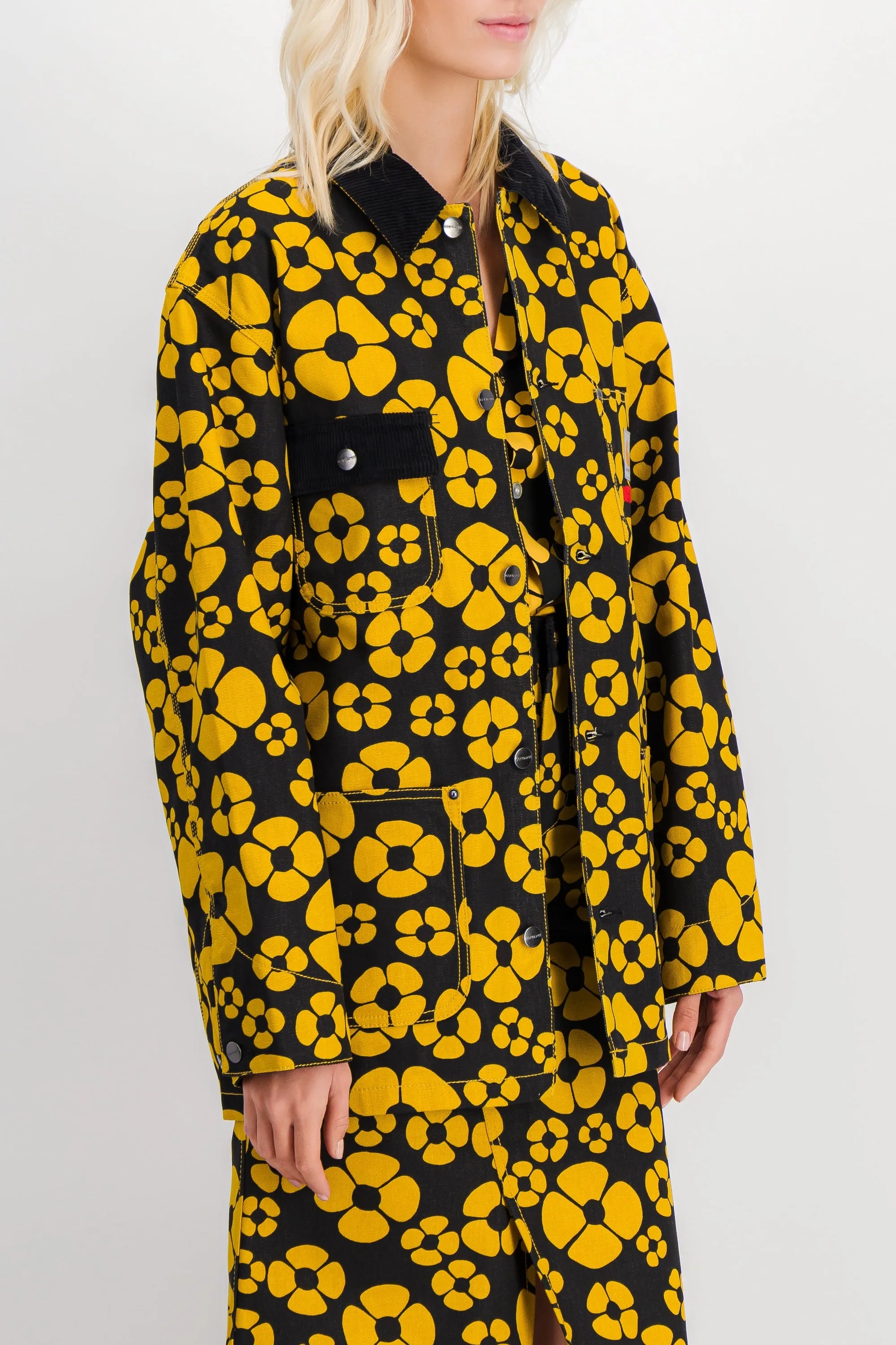 Yellow-black flower printed boyfriend shirt with front pocket