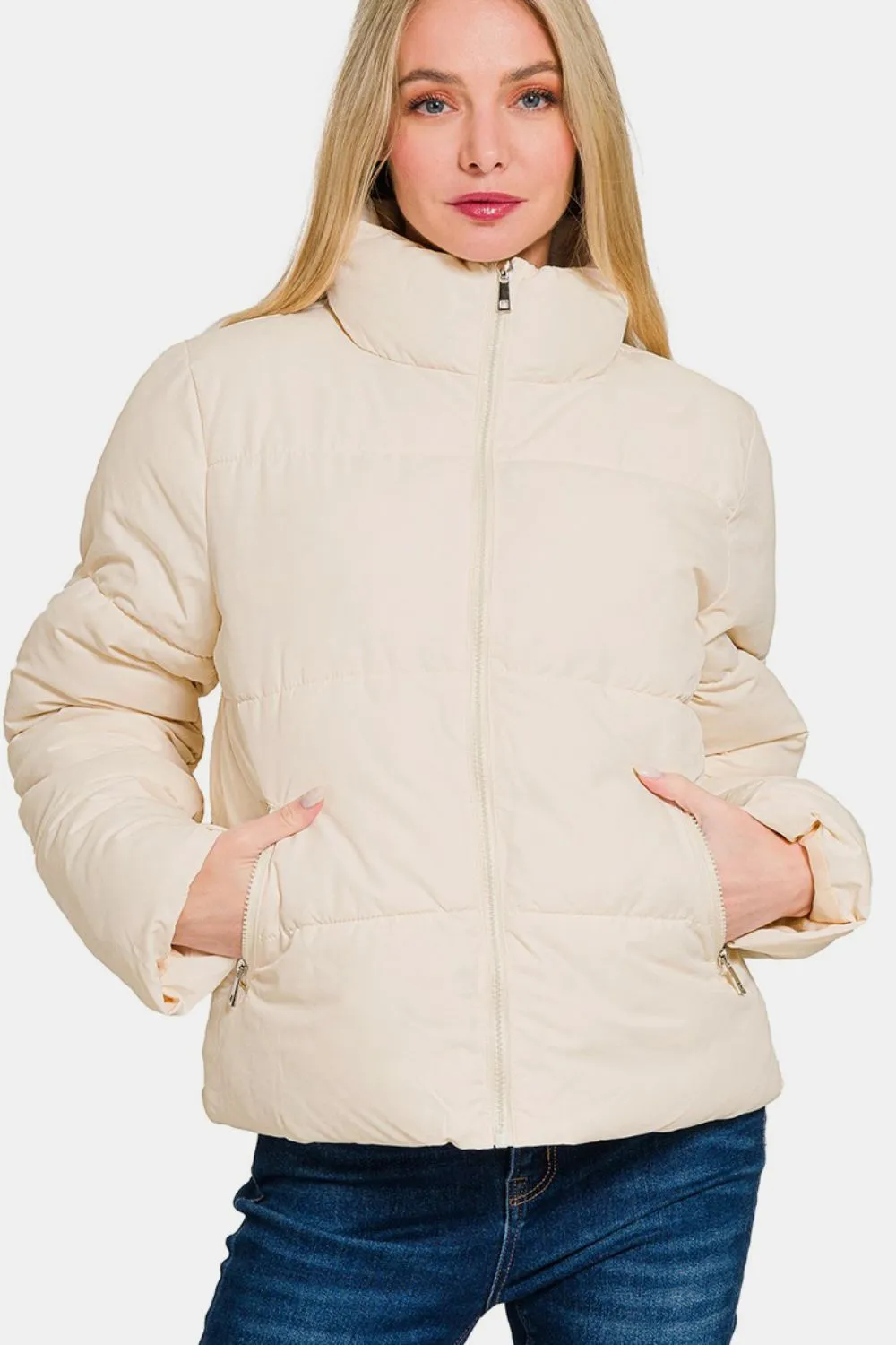 ZENANA Cream Zip Up Turtleneck Puffer Jacket with Pockets